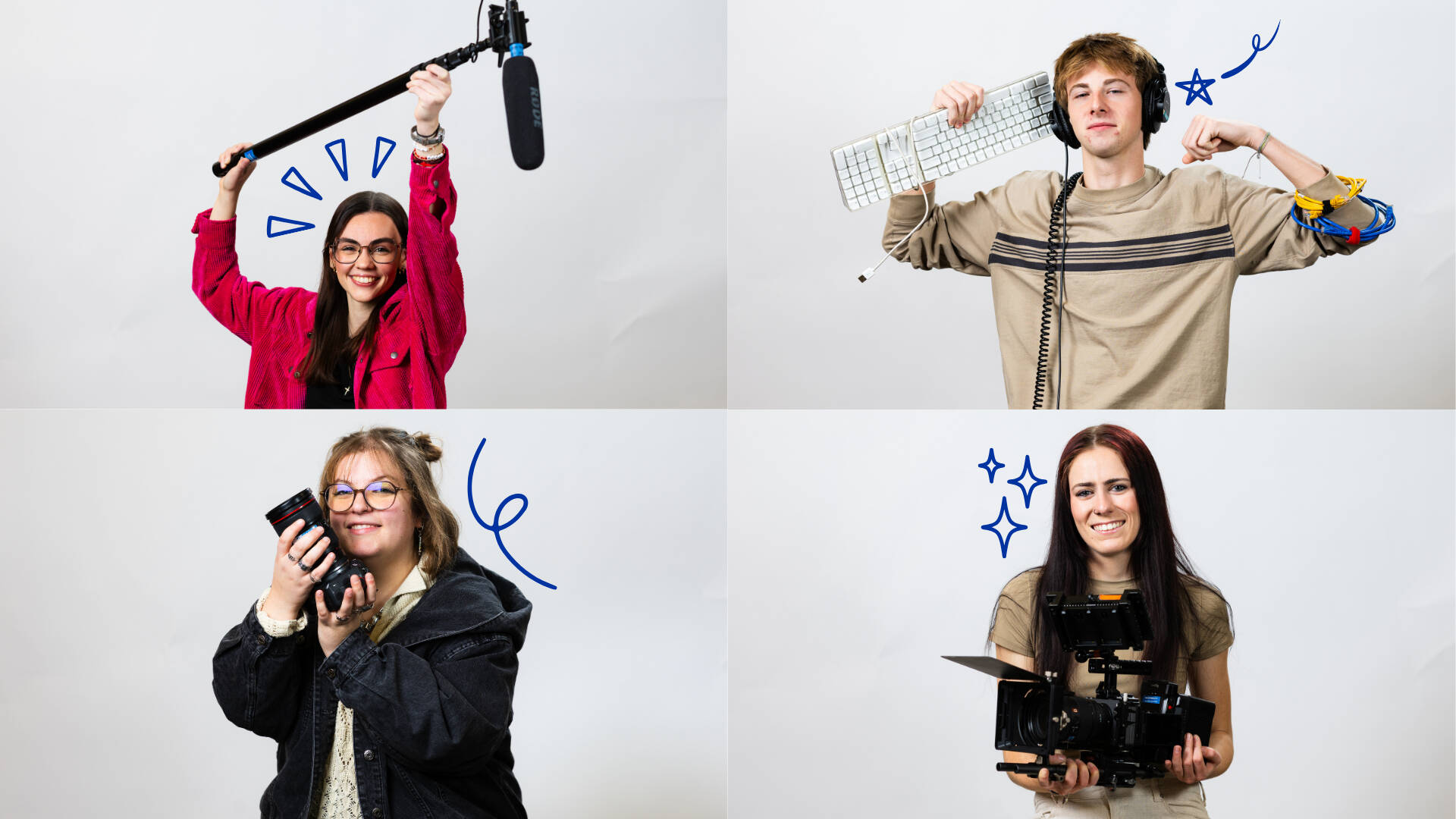 Promo employees showing off equipment for a posed photoshoot